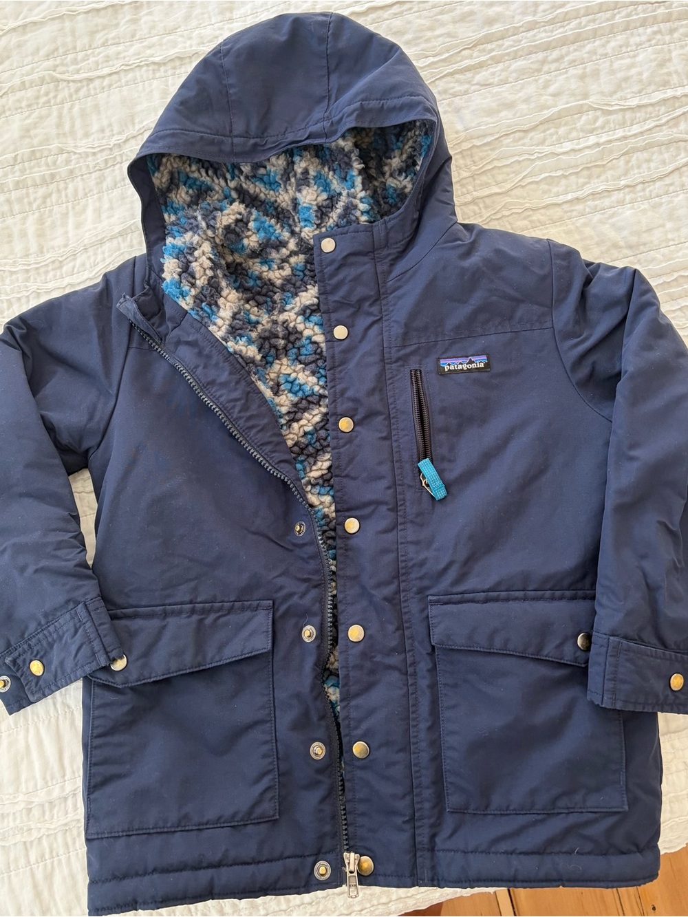 Patagonia Navy Hooded Kids Puffer Jacket with Patterned Fleece Lining